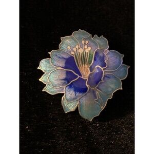 Vintage Enamel Cloisonné Blue Tones Hibiscus Flower Silver Tone Brooch